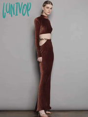 Lunivop Women Winter Sexy Long Sleeve Chain Hollow Out Maxi Bodycon Skirt Suits Elegant Designer