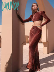 Lunivop Women Winter Sexy Long Sleeve Chain Hollow Out Maxi Bodycon Skirt Suits Elegant Designer