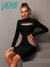 Lunivop Women Winter Sexy Long Sleeve Cut Out Beading Patchwork Black Mini Bodycon Bandage Dress
