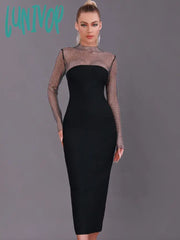 Lunivop Women Winter Sexy Long Sleeve Diamonds Sparkly Black Midi Bodycon Bandage Dress Elegant