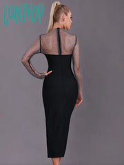 Lunivop Women Winter Sexy Long Sleeve Diamonds Sparkly Black Midi Bodycon Bandage Dress Elegant