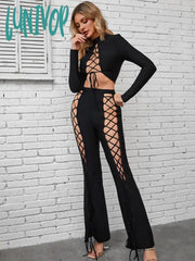 Lunivop Women Winter Sexy Long Sleeve Hollow Out Laced Black Flare Pants Bandage Set Celebrity