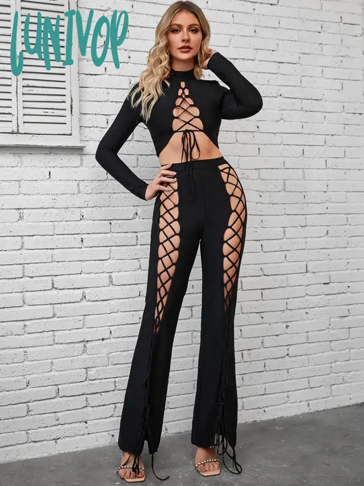 Lunivop Women Winter Sexy Long Sleeve Hollow Out Laced Black Flare Pants Bandage Set Celebrity