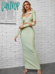 Lunivop Women Winter Sexy Long Sleeve Hollow Out Mint Green Bodycon Maxi Bandage Dress Elegant