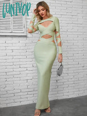 Lunivop Women Winter Sexy Long Sleeve Hollow Out Mint Green Bodycon Maxi Bandage Dress Elegant