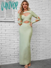 Lunivop Women Winter Sexy Long Sleeve Hollow Out Mint Green Bodycon Maxi Bandage Dress Elegant