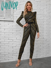 Lunivop Women Winter Sexy Long Sleeve Luxury Diamonds Crystal Two Piece Pants Bandage Set Celebrity