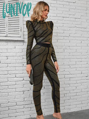 Lunivop Women Winter Sexy Long Sleeve Luxury Diamonds Crystal Two Piece Pants Bandage Set Celebrity