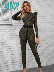 Lunivop Women Winter Sexy Long Sleeve Luxury Diamonds Crystal Two Piece Pants Bandage Set Celebrity