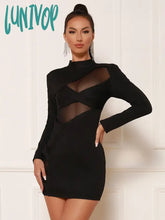 Lunivop Women Winter Sexy Long Sleeve Mesh Turtleneck Black Bodycon Mini Bandage Dress Elegant