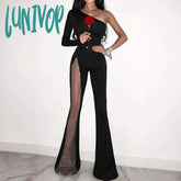 Lunivop Women Winter Sexy Long Sleeve One Shoulder Diamonds Crystal Black Bandage Jumpsuit