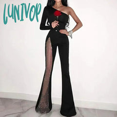 Lunivop Women Winter Sexy Long Sleeve One Shoulder Diamonds Crystal Black White Bandage Jumpsuit