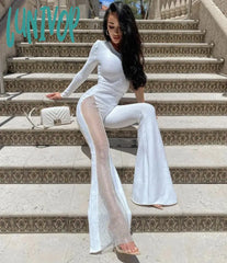 Lunivop Women Winter Sexy Long Sleeve One Shoulder Diamonds Crystal Black White Bandage Jumpsuit