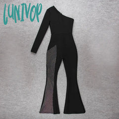 Lunivop Women Winter Sexy Long Sleeve One Shoulder Diamonds Crystal Black White Bandage Jumpsuit