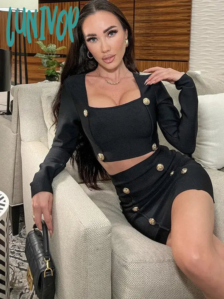 Lunivop Women Winter Sexy Long Sleeve Patchwork O Neck Black Two Piece Mini Bandage Skirt Set