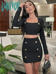Lunivop Women Winter Sexy Long Sleeve Patchwork O Neck Black Two Piece Mini Bandage Skirt Set