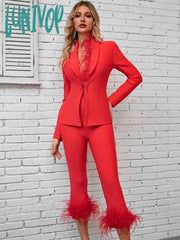 Lunivop Women Winter Sexy Long Sleeve V Neck Feather Red Pants Bandage Set Celebrity Designer