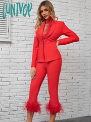 Lunivop Women Winter Sexy Long Sleeve V Neck Feather Red Pants Bandage Set Celebrity Designer