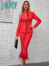 Lunivop Women Winter Sexy Long Sleeve V Neck Feather Red Pants Bandage Set Celebrity Designer