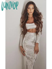 Lunivop Women Winter Sexy O Neck Long Sleeve Studded Sparkly Black White Mixi Skirt Set 2024