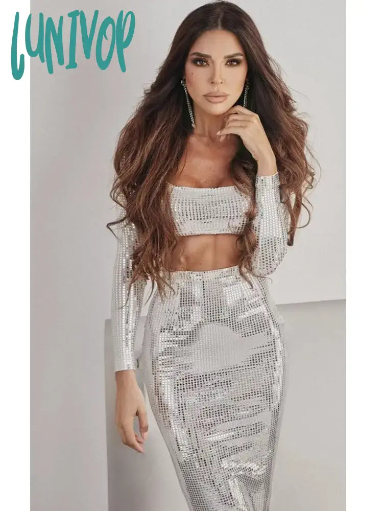 Lunivop Women Winter Sexy O Neck Long Sleeve Studded Sparkly Black White Mixi Skirt Set 2024