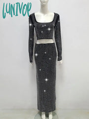 Lunivop Women Winter Sexy O Neck Long Sleeve Studded Sparkly Black White Mixi Skirt Set 2024