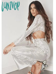 Lunivop Women Winter Sexy O Neck Long Sleeve Studded Sparkly Black White Mixi Skirt Set 2024