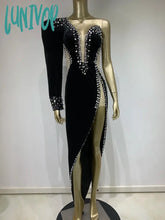 Lunivop Women Winter Sexy One Shoulder Long Sleeve Beading Diamonds Maxi Gowns Dress Elegant