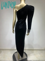 Lunivop Women Winter Sexy One Shoulder Long Sleeve Beading Diamonds Maxi Gowns Dress Elegant