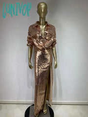 Lunivop Women Winter Sexy Turn-Down Collar Long Sleeve Gold Mesh Sequins Midi Skirt Set Knitted