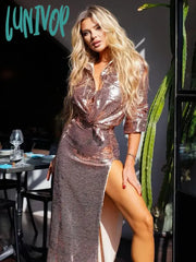 Lunivop Women Winter Sexy Turn-Down Collar Long Sleeve Gold Mesh Sequins Midi Skirt Set Knitted