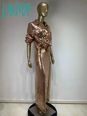 Lunivop Women Winter Sexy Turn-Down Collar Long Sleeve Gold Mesh Sequins Midi Skirt Set Knitted