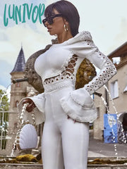 Lunivop Women Winter Style Sexy Long Sleeve Flare Black White Two Pieces Bandage Set Fashion Party