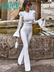 Lunivop Women Winter Style Sexy Long Sleeve Flare Black White Two Pieces Bandage Set Fashion Party