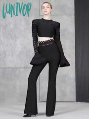 Lunivop Women Winter Style Sexy Long Sleeve Flare Black White Two Pieces Bandage Set Fashion Party