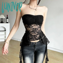 Lunivop Women Y2K Crop Lace Tube Tops Summer Ruffles Tassel Sheer Bandeau Vest Backless Shirts For