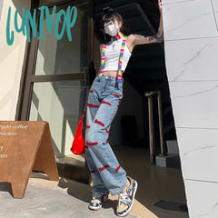 Lunivop Women Y2K Hip Hop Letter Embroidery Straight-Leg Jeans Vintage Straight Baggy Denim Pants