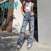 Lunivop Women Y2K Hip Hop Letter Embroidery Straight-Leg Jeans Vintage Straight Baggy Denim Pants