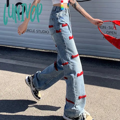 Lunivop Women Y2K Hip Hop Letter Embroidery Straight-Leg Jeans Vintage Straight Baggy Denim Pants