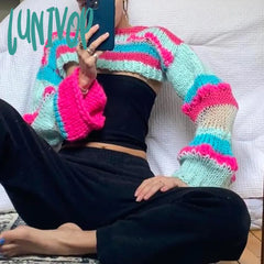 Lunivop Women Y2K Knitted Mesh Top Spring Summer Hollow Out Crop Crochet Patchwork Smock Sexy