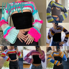 Lunivop Women Y2K Knitted Mesh Top Spring Summer Hollow Out Crop Crochet Patchwork Smock Sexy
