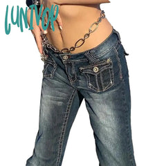 Lunivop Women Y2K Low Waisted Pants Graphic Stars Patterned Wide Leg Denim Jeans Straight Casual