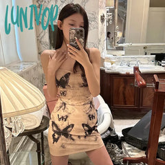 Lunivop Women Y2K Spaghetti Strap Sleeveless Dress Summer Butterfly Print Backless Party Mini For