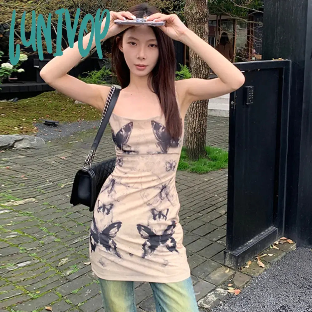 Lunivop Women Y2K Spaghetti Strap Sleeveless Dress Summer Butterfly Print Backless Party Mini For