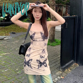 Lunivop Women Y2K Spaghetti Strap Sleeveless Dress Summer Butterfly Print Backless Party Mini For