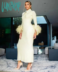 Lunivop Women Yellow Feather Maxi Long Sleeve Bandage Dress Vestidos De Fiesta Elegantes Para Mujer