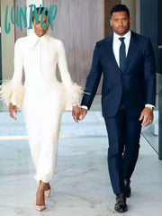 Lunivop Women Yellow Feather Maxi Long Sleeve Bandage Dress Vestidos De Fiesta Elegantes Para Mujer