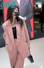 Lunivop Women’s 2 Piece Suit Casual Loose Premium Sense Jacket Solid Color Straight Trouser