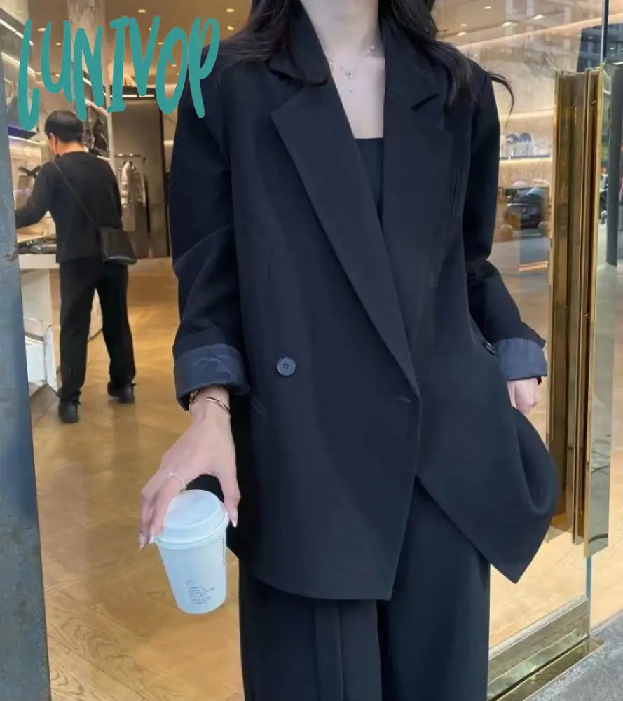 Lunivop Women’s 2 Piece Suit Casual Loose Premium Sense Jacket Solid Color Straight Trouser