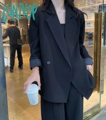 Lunivop Women’s 2 Piece Suit Casual Loose Premium Sense Jacket Solid Color Straight Trouser